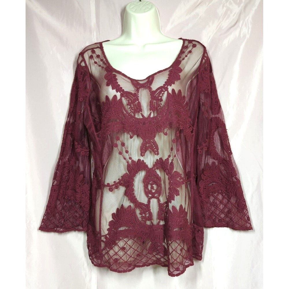 Embroidered Top Women M Burgundy Mesh Fairy Core Free Spirit Holiday Party Sexy